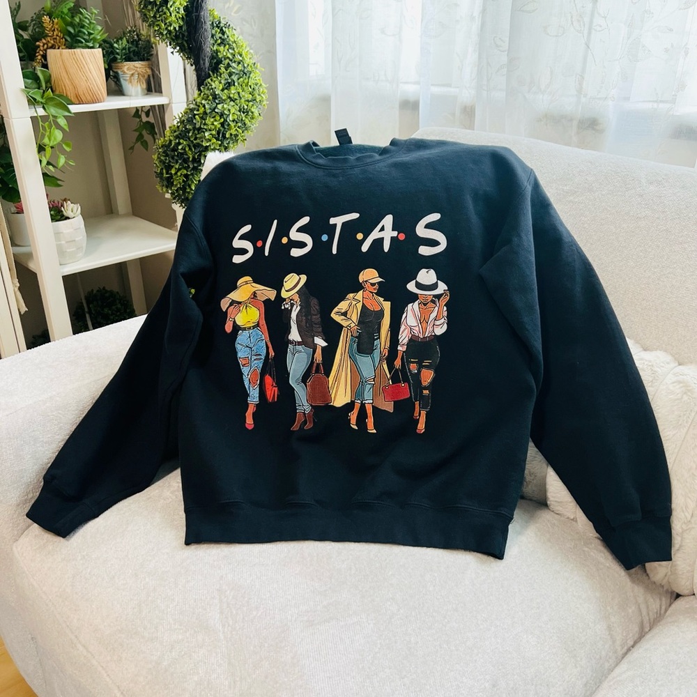 SISTAS Graphic Black Crewneck Sweater - Women's Casual Pullover (NEW) M